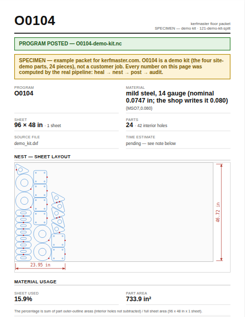 Preview of the O0104 floor packet — a real 24-part nest, current format